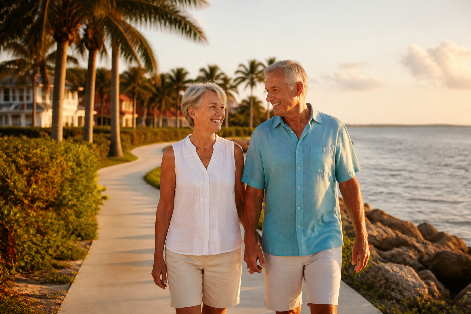 Couple walking a Florida waterfront